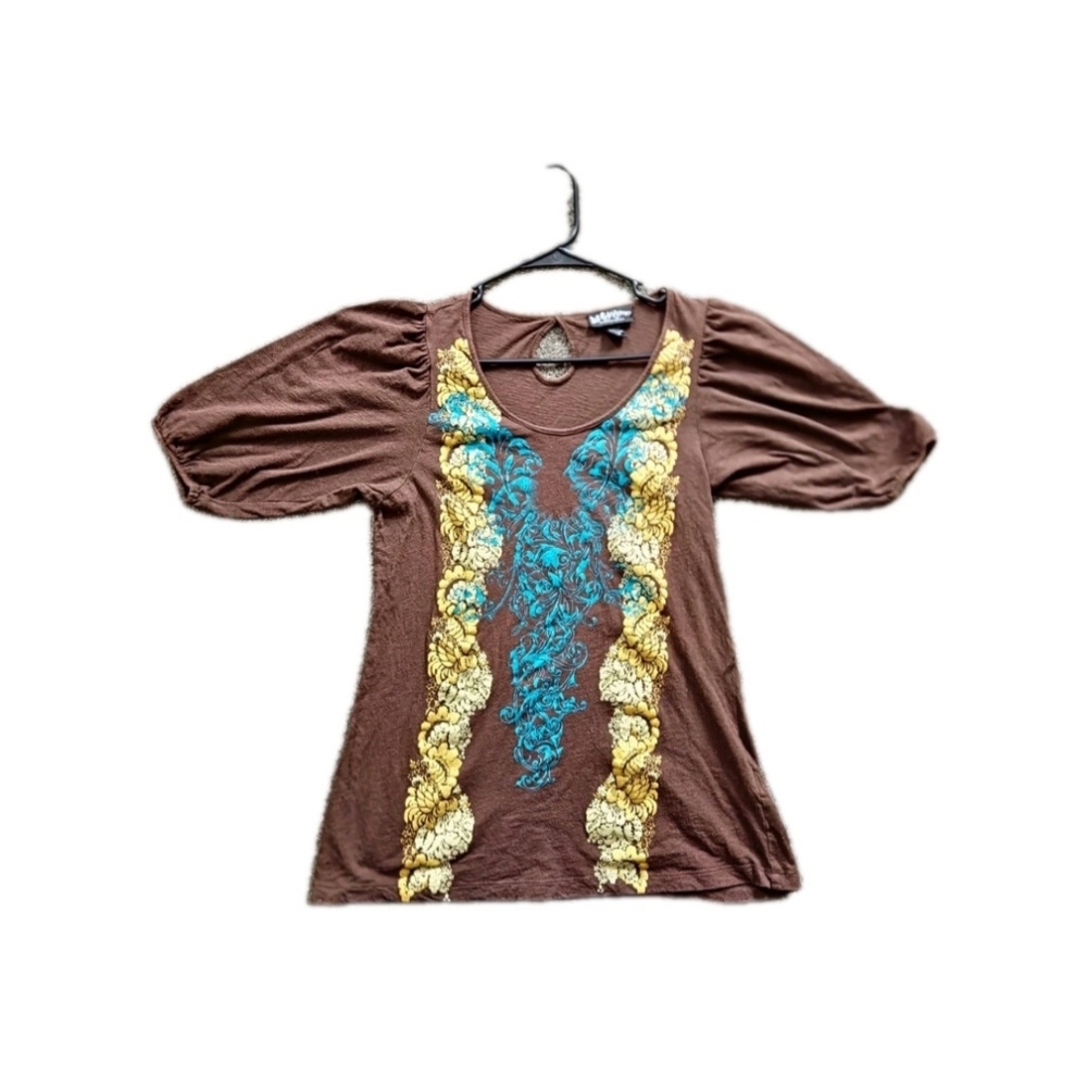 Y2k Self Esteem Bohemian Floral Short Sleeve Top Size Large Puff Sleeves